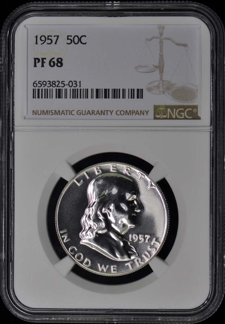 1957 Franklin Half Dollar NGC PR68 Uncirculated Proof Coin: 1957 Franklin Half Dollar NGC PR68 Uncirculated Proof Coin This 1957 Franklin Half Dollar, graded PR68 by NGC, is an exceptional addition to any coin collection. With its uncirculated condition and pr