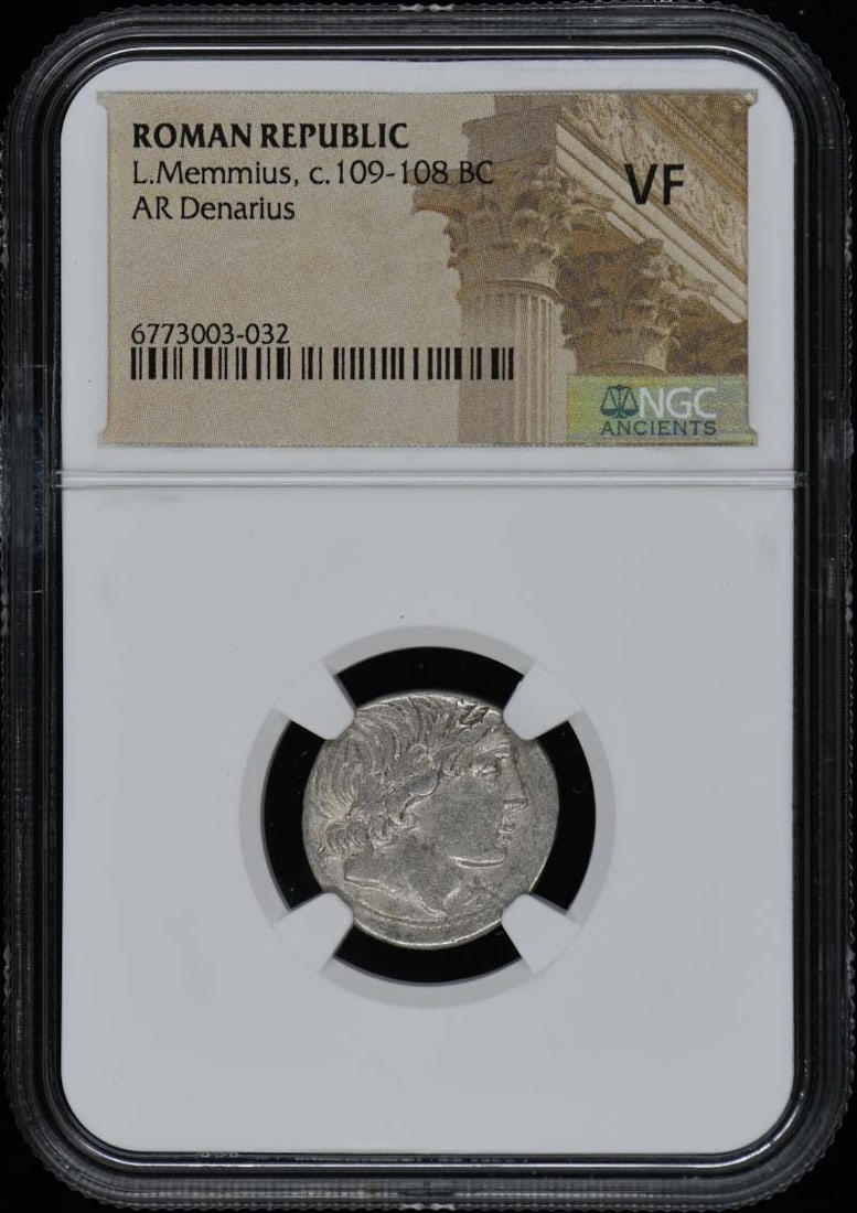 Roman Republic Denarius L Memmius NGC VF20 Certified Coin 109-108 BC: Roman Republic Denarius L Memmius NGC VF20 Certified Coin 109-108 BC This is an ancient Roman Republic denarius issued by L. Memmius between 109-108 BC. The coin has been certified by NGC and graded V