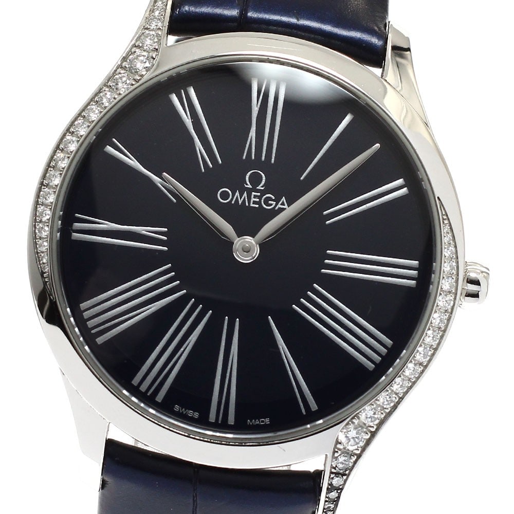 OMEGA De Ville Tresor Women's Quartz Watch Ref 428.18.36.60.03.001: OMEGA De Ville Tresor Women's Quartz Watch Ref 428.18.36.60.03.001 Pre-owned OMEGA De Ville Tresor ladies wristwatch with a diamond bezel and quartz movement. This watch features a stainless steel cas