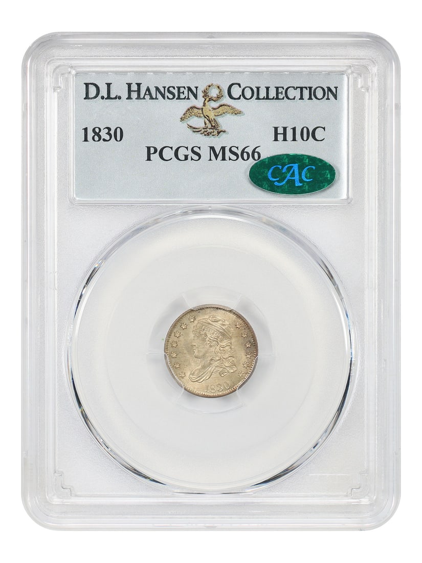 1830 Capped Bust Half Dime H10C PCGS MS66 CAC ex D.L. Hansen: 1830 Capped Bust Half Dime H10C PCGS MS66 CAC ex D.L. Hansen 1830 Capped Bust Half Dime, PCGS and CAC graded MS66, ex: D.L. Hansen. This uncirculated example is from Philadelphia and represents an int