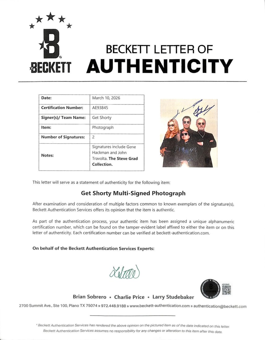Get Shorty 8x10 Photo Signed by Gene Hackman John Travolta Beckett LOA (1 of 1)