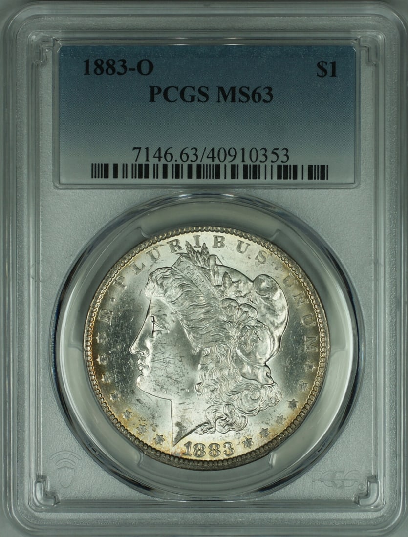 PCGS MS63 1883-O $1 Morgan Dollar Silver Coin from New Orleans Mint: PCGS MS63 1883-O $1 Morgan Dollar Silver Coin from New Orleans Mint This is an 1883-O Morgan Silver Dollar coin certified by PCGS with a grade of MS-63. Minted in New Orleans, this uncirculated coin i