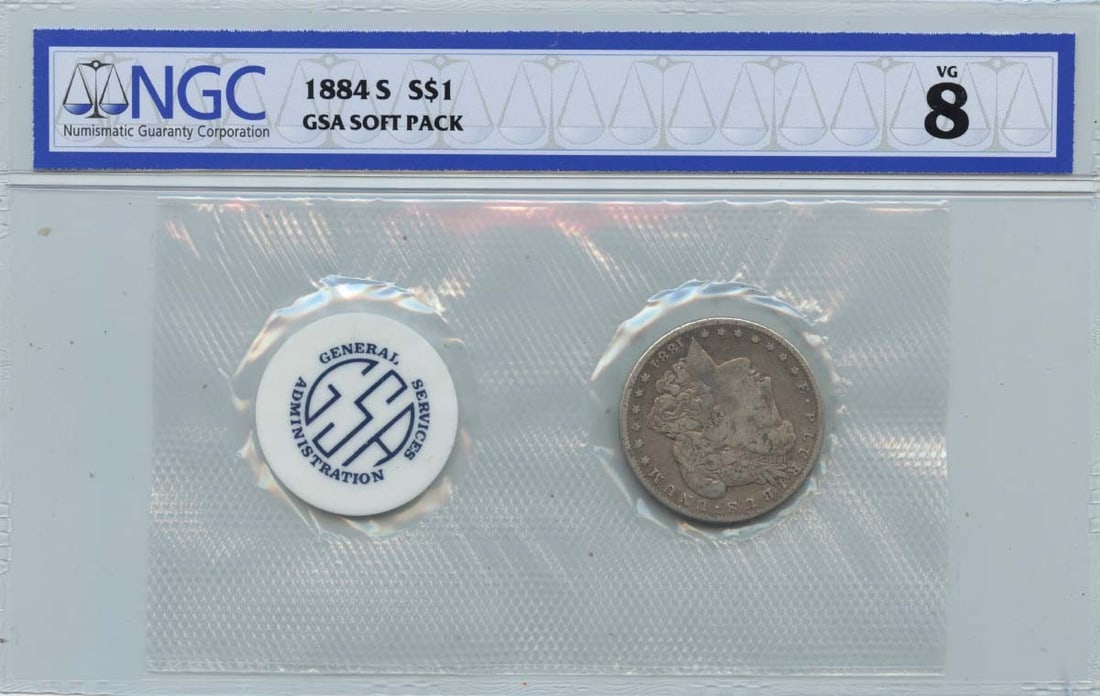 1884 San Francisco Morgan Dollar NGC VG8 GSA Soft Pack Silver Coin: 1884 San Francisco Morgan Dollar NGC VG8 GSA Soft Pack Silver Coin This is an 1884-S Morgan Dollar presented in a GSA soft pack. Certified by NGC with a grade of VG8, this coin was minted in San Franc