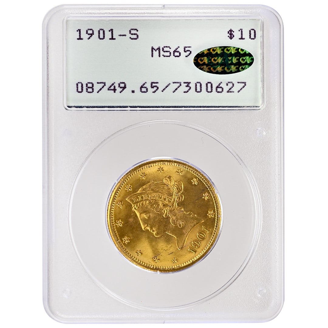 PCGS MS65 CAC 1901-S Liberty Head Eagle $10 Gold Coin: PCGS MS65 CAC 1901-S Liberty Head Eagle $10 Gold Coin 1901-S $10 Liberty Head gold coin graded PCGS MS65 with CAC approval and housed in a rattler holder. This uncirculated Type 3 With Motto example f