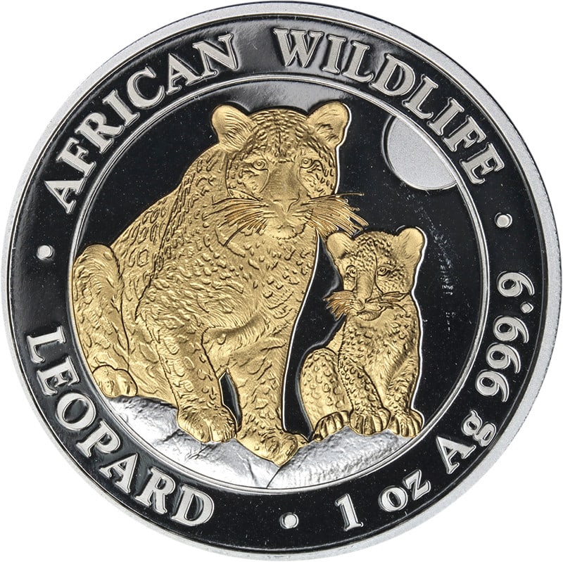 2024 Somalia 1 Ounce Silver 100 Shillings Leopard Gold Gilt Coin (1 of 2)