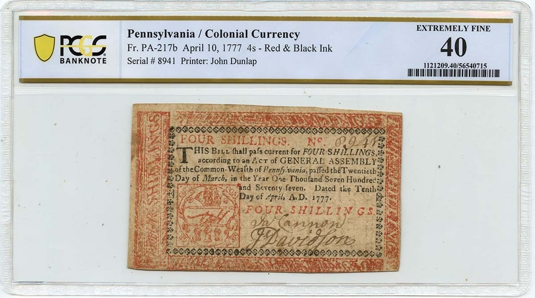 Pennsylvania Colonial Currency 4s Note 1777 Apr 10 PCGS XF40 FR#PA-217b: Pennsylvania Colonial Currency 4s Note 1777 Apr 10 PCGS XF40 FR#PA-217b 1777 Pennsylvania colonial currency note dated April 10, graded PCGS Banknote XF40. This pre-owned circulated note is identified