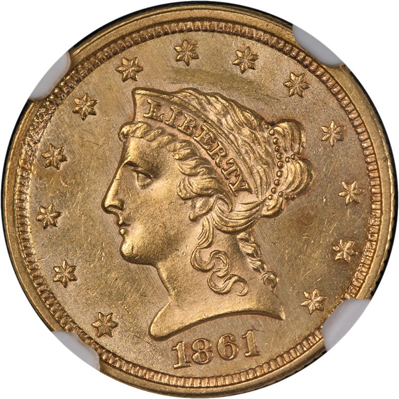 NGC Unc Details 1861-P Liberty Gold $2.50 Type 2 Coin: NGC Unc Details 1861-P Liberty Gold $2.50 Type 2 Coin This 1861-P Type 2 Liberty Gold $2.50 coin is an uncirculated example certified by NGC, featuring superb eye appeal, strong luster, and a sharp st