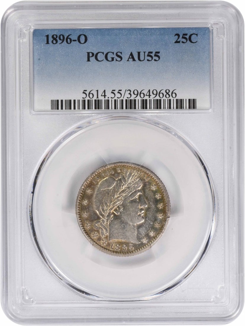 PCGS AU55 1896-O Barber 25 Cent Silver Coin: PCGS AU55 1896-O Barber 25 Cent Silver Coin This is an 1896-O Barber Silver Quarter, graded AU55 by PCGS. The coin was minted in New Orleans and features a composition of 90% silver and 10% copper. De