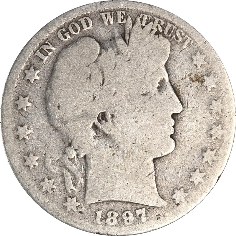 1897 O Silver Barber Half Dollar: 1897 O Silver Barber Half Dollar This 1897-O Barber Half Dollar is a circulated silver coin from the United States, minted in New Orleans. It features a silver composition with a fineness of 0.9 and i
