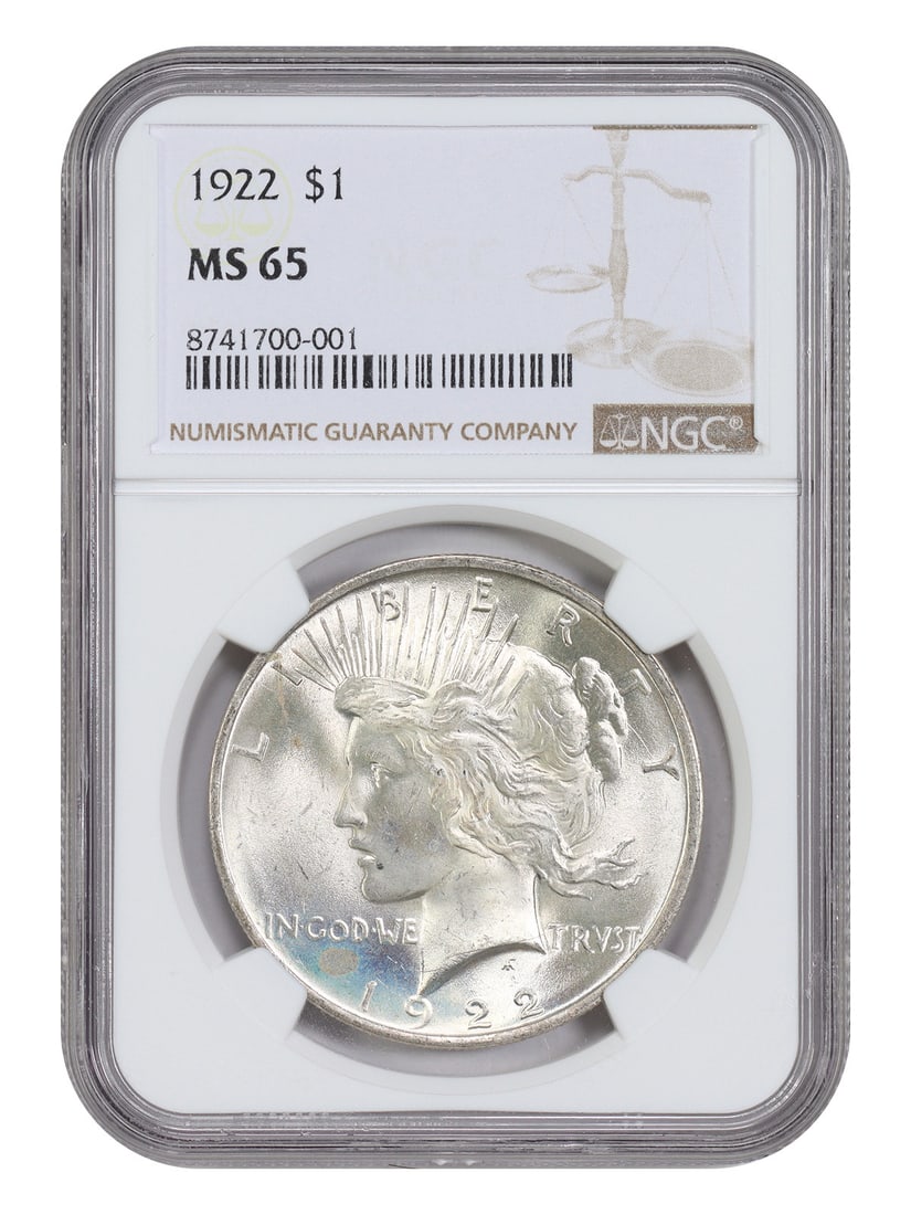 NGC MS65 1922 Peace Dollar $1 Philadelphia Mint: NGC MS65 1922 Peace Dollar $1 Philadelphia Mint 1922 Peace Dollar certified by NGC in MS65. This uncirculated example is a popular collector date and is noted as one of the most common dates in the se
