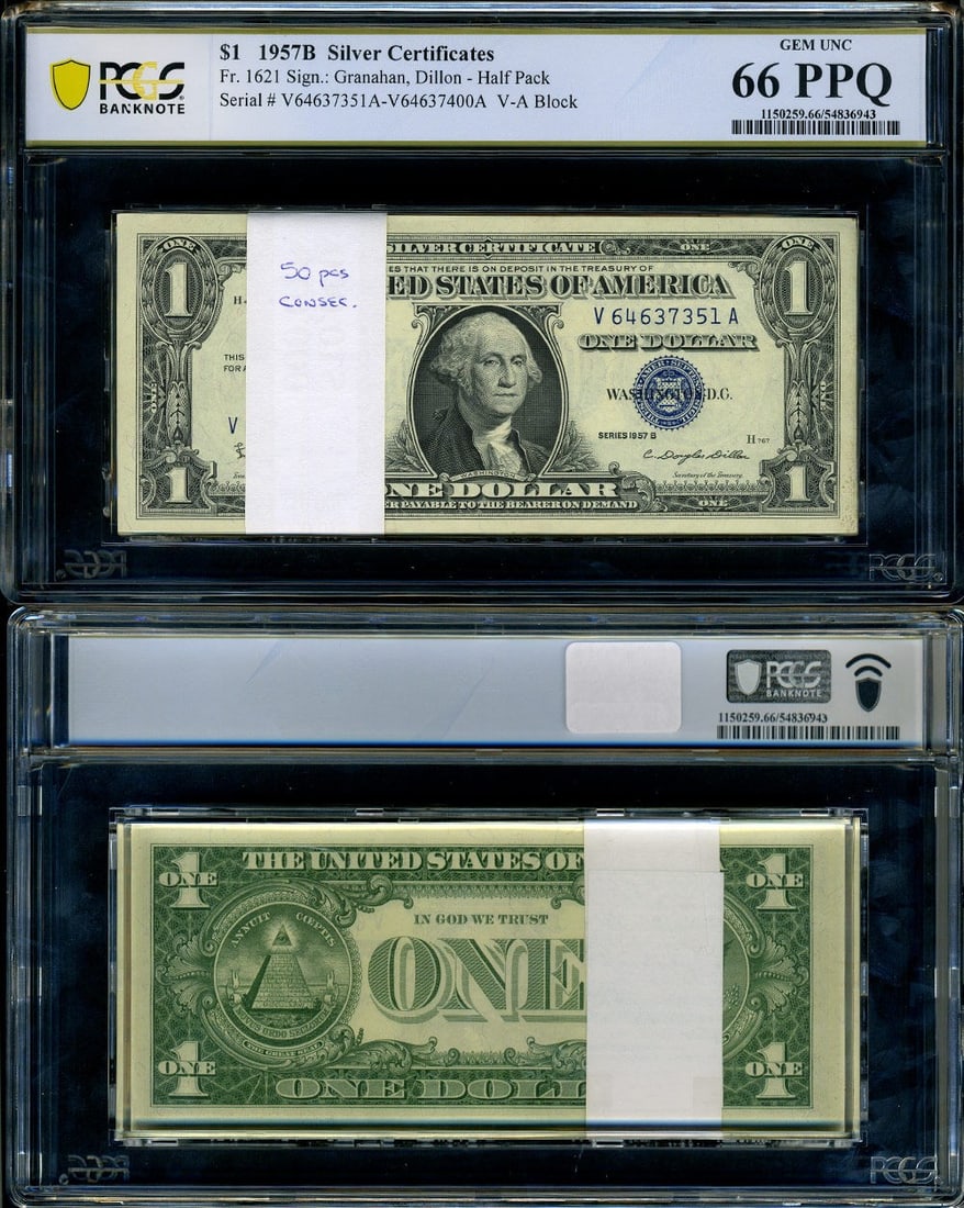 1957-B $1 Silver Certificate PCGS Gem CU66 50 Note Pack (1 of 3)