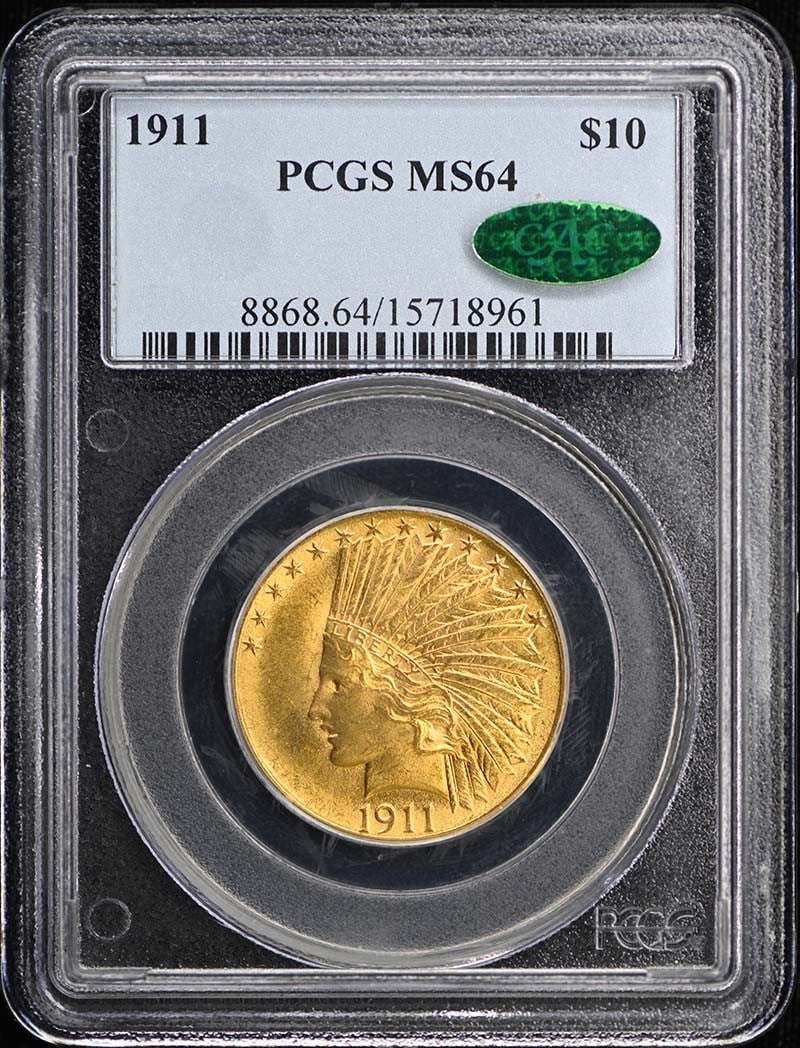 1911 Indian Head $10 Gold PCGS MS64 CAC: 1911 Indian Head $10 Gold PCGS MS64 CAC This 1911 $10 Indian Head gold coin has been certified by PCGS with a grade of MS64 and features the CAC designation, indicating exceptional quality for its gra