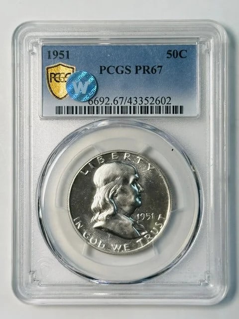 PCGS PR67 1951 Franklin Half Dollar Proof 50C Silver: PCGS PR67 1951 Franklin Half Dollar Proof 50C Silver 1951 Franklin Half Dollar proof coin certified by PCGS and graded PR-67. This silver half dollar is identified as Sight White and is offered in pre