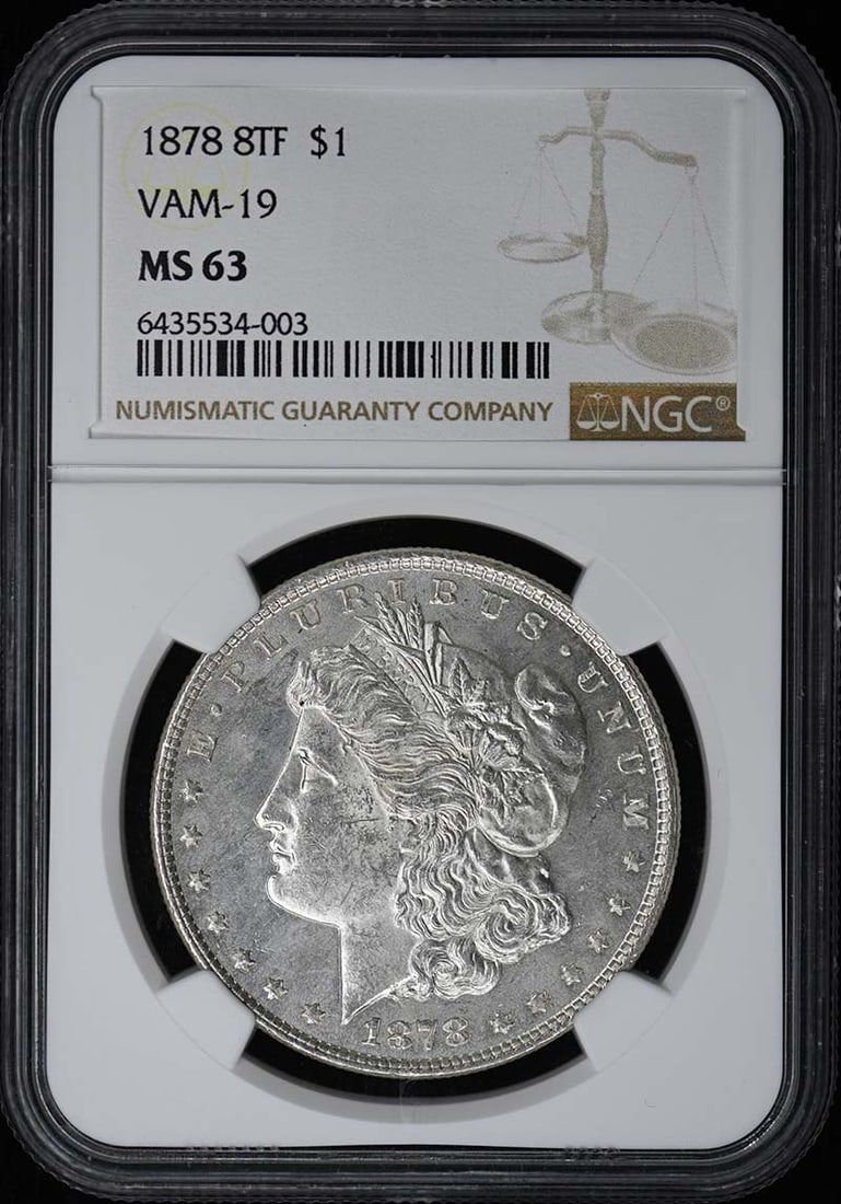 NGC MS63 1878 8TF VAM-19 Morgan Silver Dollar S$1: NGC MS63 1878 8TF VAM-19 Morgan Silver Dollar S$1 1878 8TF Morgan Dollar, VAM-19 variety, graded MS63 by NGC. This pre-owned coin is listed as uncirculated and features the Morgan Dollar denomination 