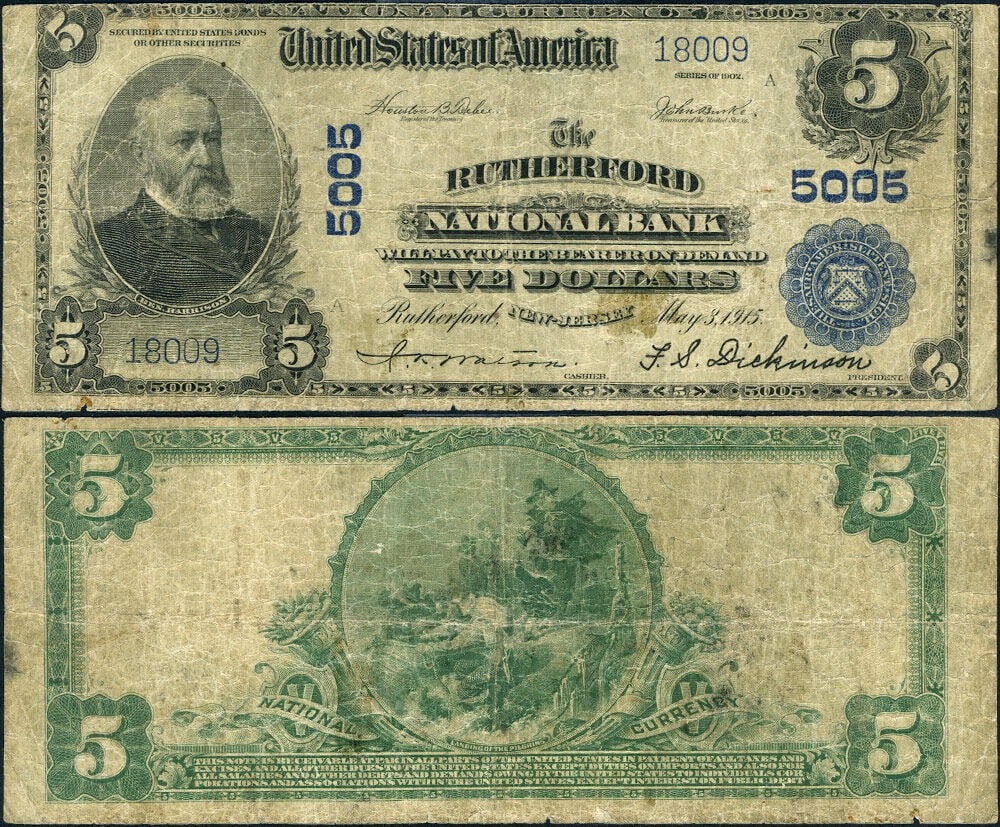 1902 PB Rutherford NJ 5 Dollar National Bank Note CH 5005: 1902 PB Rutherford NJ 5 Dollar National Bank Note CH 5005 This is a well-circulated $5 National Bank Note from Rutherford, New Jersey, dated 1902. Issued by the Rutherford National Bank with Charter #