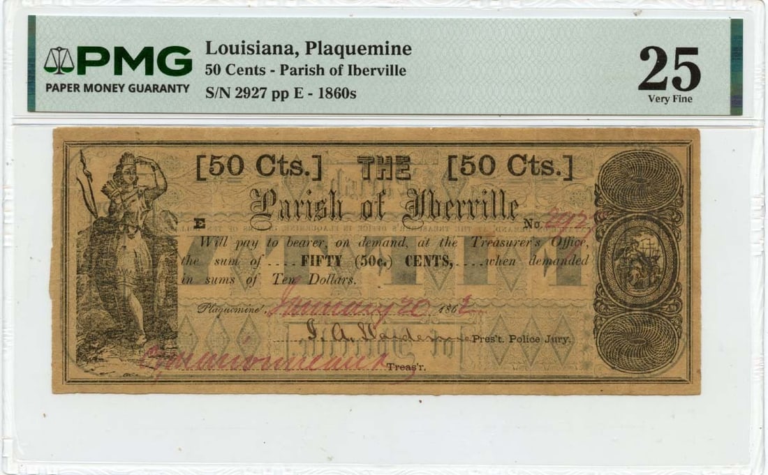 PMG VF25 1862 Plaquemine Louisiana 50 Cents Obsolete Note: PMG VF25 1862 Plaquemine Louisiana 50 Cents Obsolete Note 1862 Plaquemine, Louisiana obsolete note from the Parish of Iberville. This pre-owned example is a circulated piece graded VF25 by PMG. Specif