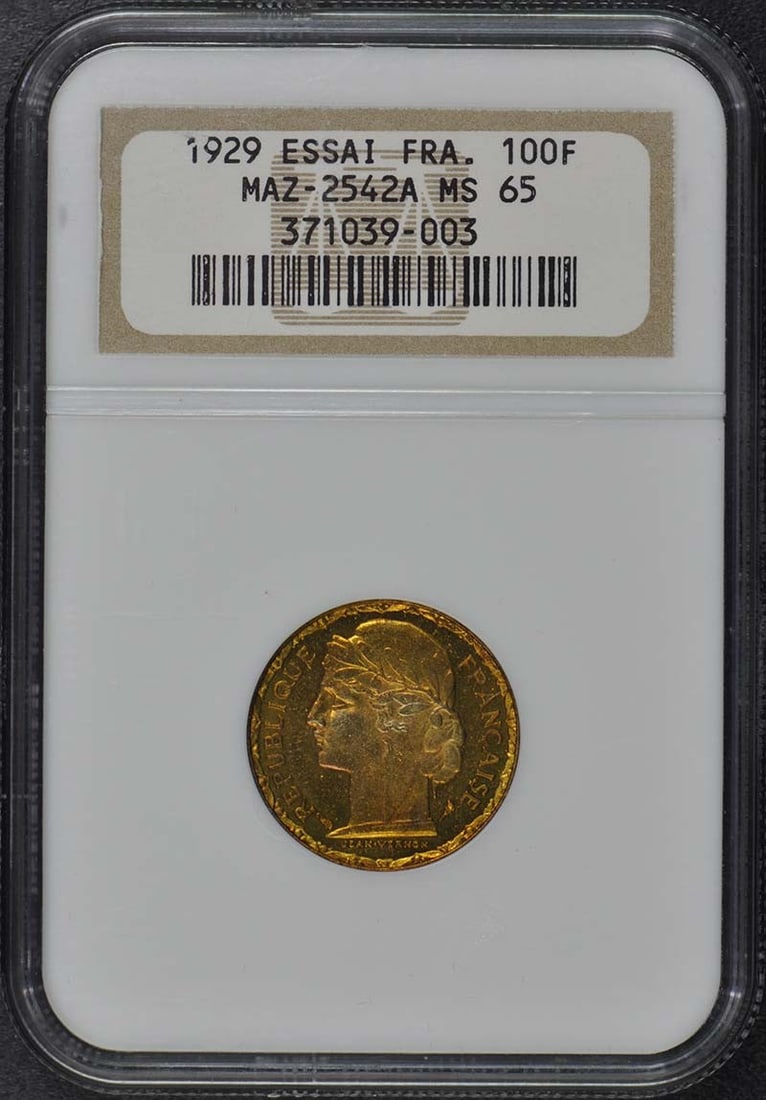 1929 France Essai 100 Franc Coin NGC MS65 Certified: 1929 France Essai 100 Franc Coin NGC MS65 Certified This 1929 France Essai 100 Francs coin is graded MS65 by NGC, indicating it is in uncirculated condition. The coin features exceptional quality and 
