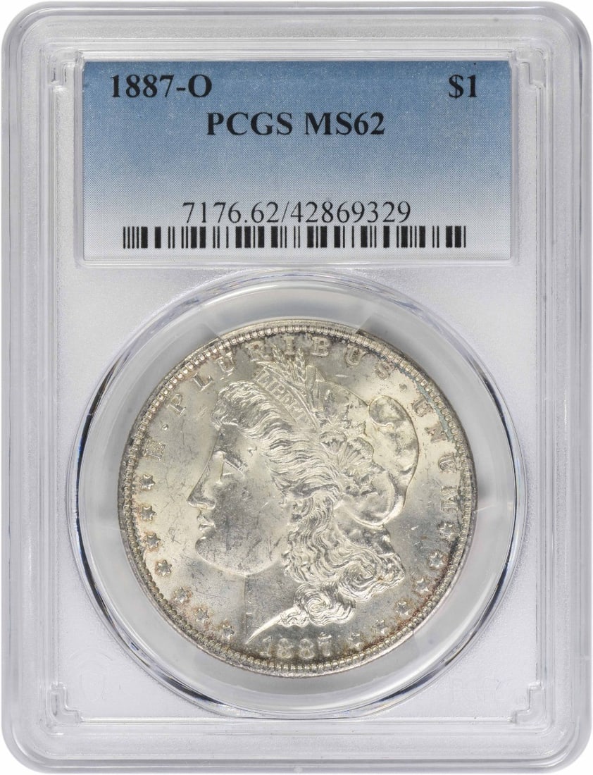 PCGS MS62 1887 New Orleans Morgan Dollar Silver Coin: PCGS MS62 1887 New Orleans Morgan Dollar Silver Coin This is an 1887-O Morgan Silver Dollar graded MS62 by PCGS. The coin is uncirculated and was minted in New Orleans. Composed of 90% silver and 10% 