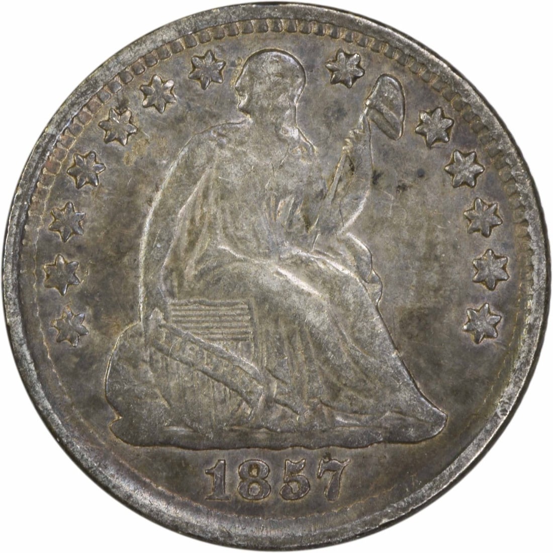 1857 Liberty Seated Half Dime Uncertified 90% Silver Coin: 1857 Liberty Seated Half Dime Uncertified 90% Silver Coin This 1857 Liberty Seated Silver Half Dime showcases a classic design by Christian Gobrecht, representing a significant piece of American numis