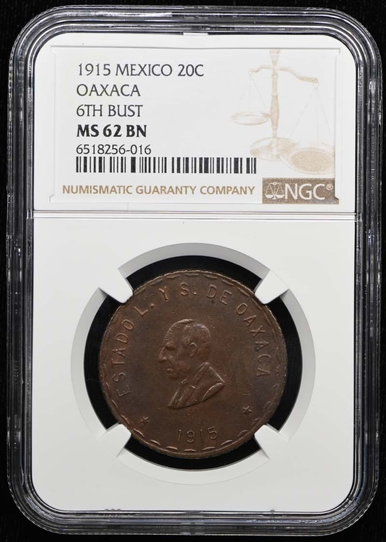 Mexico Oaxaca 1915 20 Centavos KM-731.1 NGC MS62BN: Mexico Oaxaca 1915 20 Centavos KM-731.1 NGC MS62BN 1915 Mexico Oaxaca 20 centavos coin, certified by NGC and graded MS62BN. This pre-owned coin is listed as uncirculated. Specifications Country of Ori