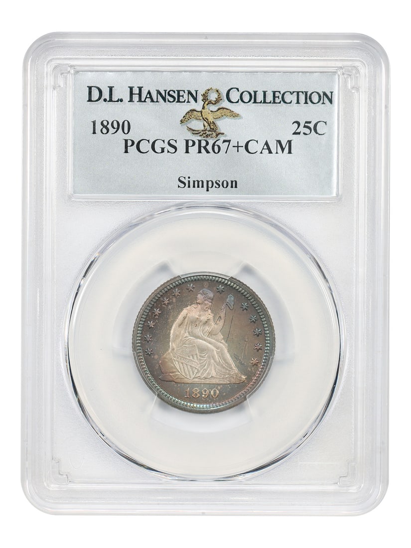 Liberty Seated Quarter 1890 25C PCGS PR67+CAM ex Simpson: Liberty Seated Quarter 1890 25C PCGS PR67+CAM ex Simpson 1890 Liberty Seated Quarter certified by PCGS as PR67+CAM. This proof issue had a mintage of just 590 coins struck in proof format, which is no