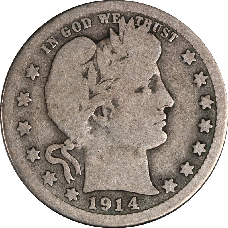 San Francisco Mint 1914 Silver Barber Quarter Coin: San Francisco Mint 1914 Silver Barber Quarter Coin This is a 1914-S Barber Quarter minted in San Francisco. The coin is composed of silver and has been circulated. It is uncertified and originates fro
