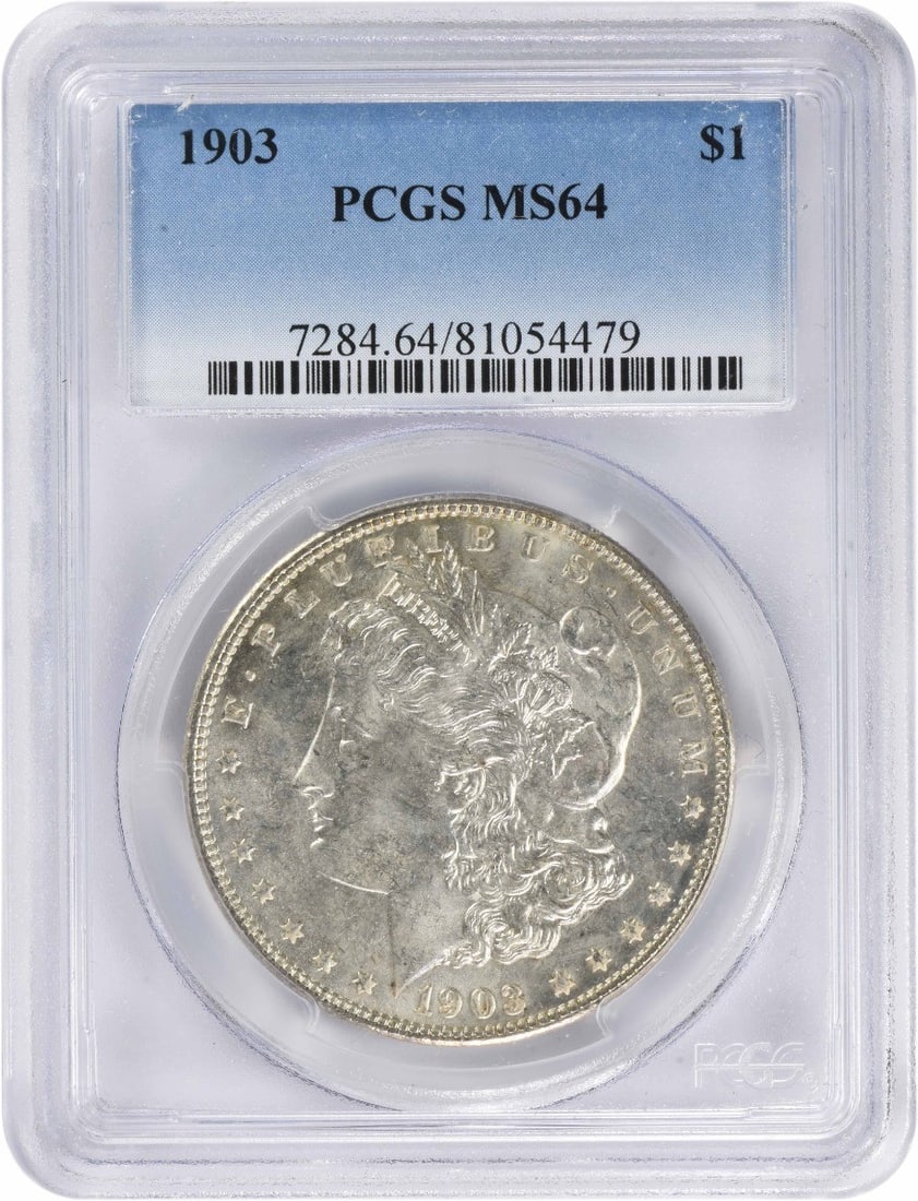 PCGS MS64 1903 Silver Dollar from Philadelphia Mint: PCGS MS64 1903 Silver Dollar from Philadelphia Mint This 1903 Morgan Silver Dollar, graded MS64 by PCGS, is an uncirculated coin minted in Philadelphia. Composed of 90% silver and 10% copper, the coin