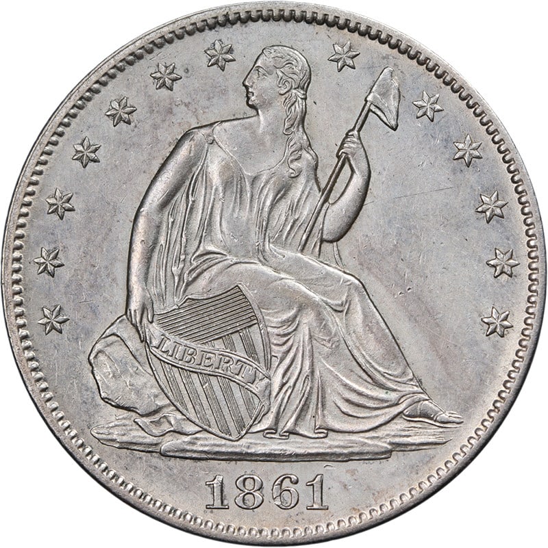1861 P Liberty Seated Half Dollar Silver Choice AU BU: 1861 P Liberty Seated Half Dollar Silver Choice AU BU 1861-P Seated Half Dollar with strong eye appeal, nice luster, and a strong strike. The coin shows bright white color, attractive surfaces, and ju