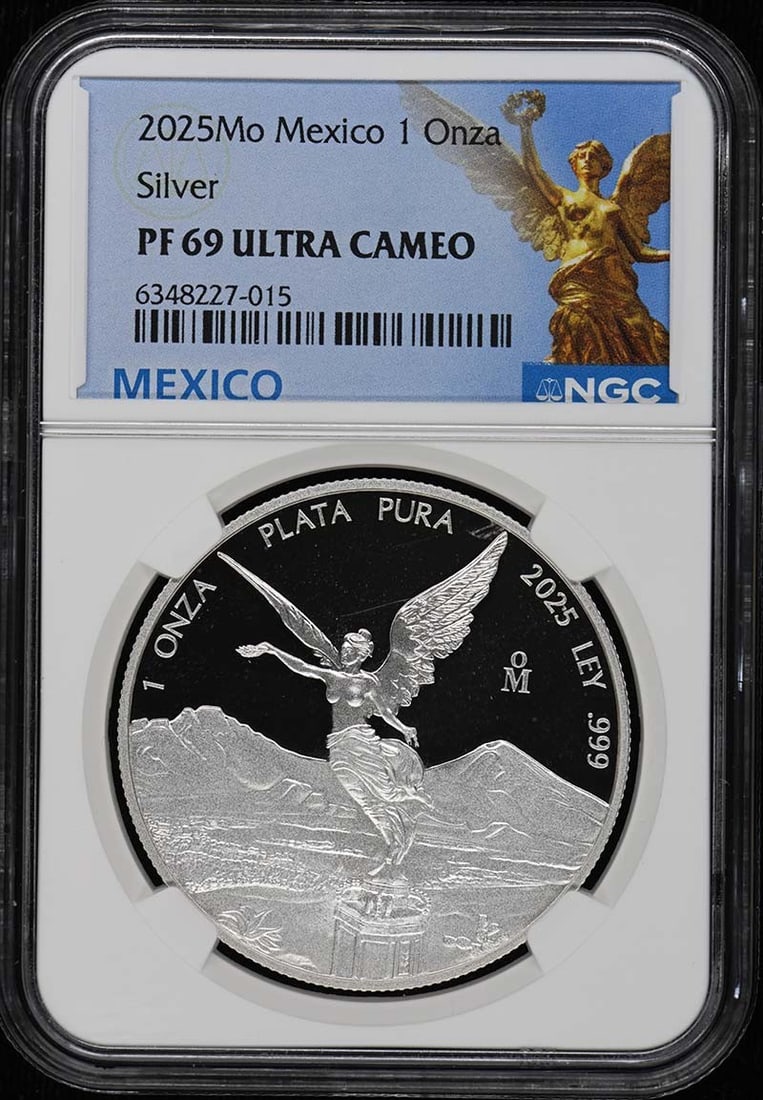 NGC PR69UC 2025 Mexico Libertad 1 Onza Silver Coin: NGC PR69UC 2025 Mexico Libertad 1 Onza Silver Coin 2025 Mexico Libertad Silver 1 Onza coin certified by NGC with a PR69 grade. This pre-owned coin is listed as uncirculated. Specifications Item Type: 