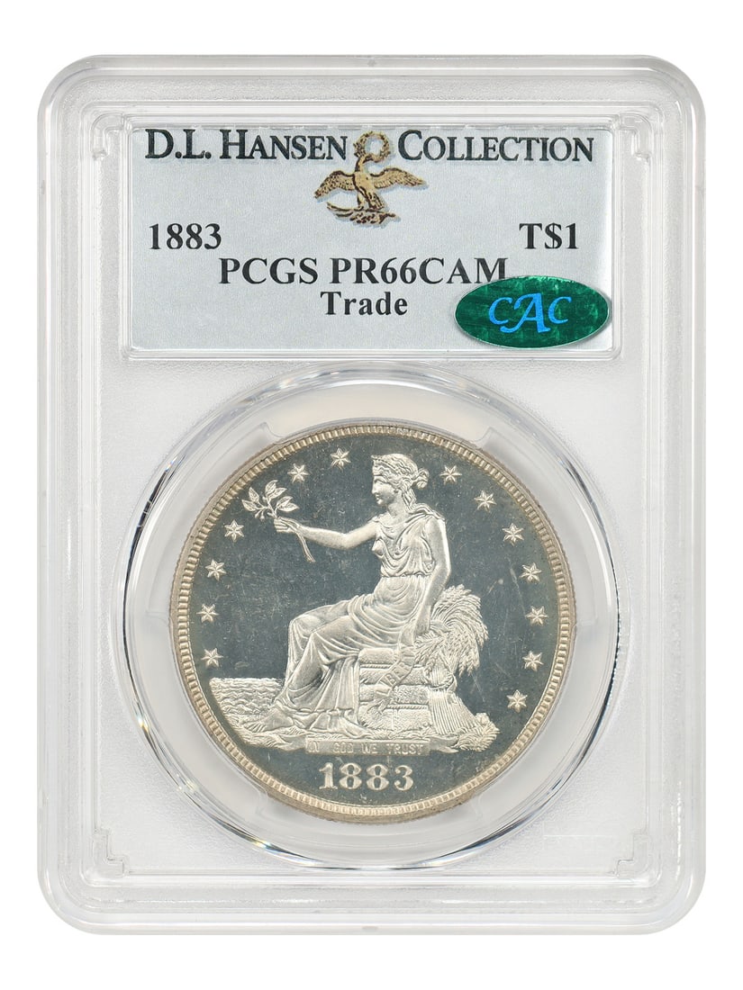 1883 Trade Dollar T$1 PR66CAM PCGS CAC ex D.L. Hansen: 1883 Trade Dollar T$1 PR66CAM PCGS CAC ex D.L. Hansen 1883 Trade Dollar graded PCGS PR66CAM with CAC approval, ex: D.L. Hansen. This proof-only issue had a mintage of just 979 coins struck. The coin i