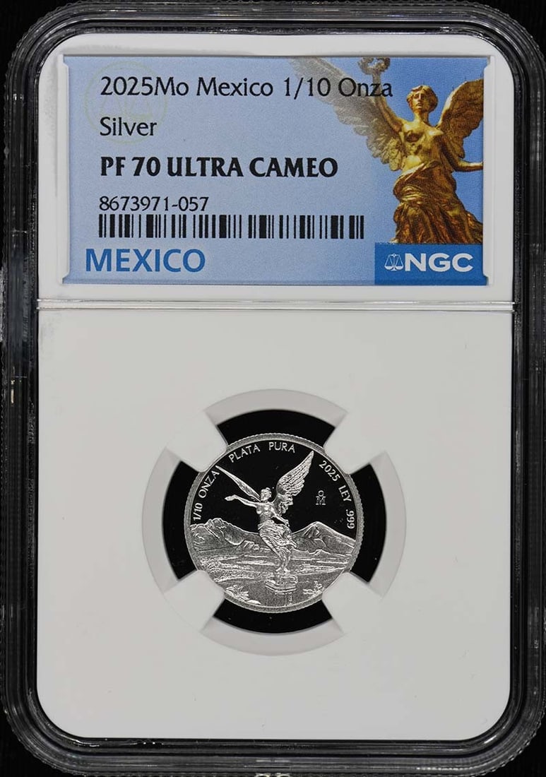 NGC PF70UC 2025 Mexico 1/10 Onza Libertad Silver Coin: NGC PF70UC 2025 Mexico 1/10 Onza Libertad Silver Coin 2025 Mo Mexico 1/10 Onza Libertad silver coin certified by NGC and graded PF70UC. This uncirculated pre-owned coin is a low mintage issue with a s