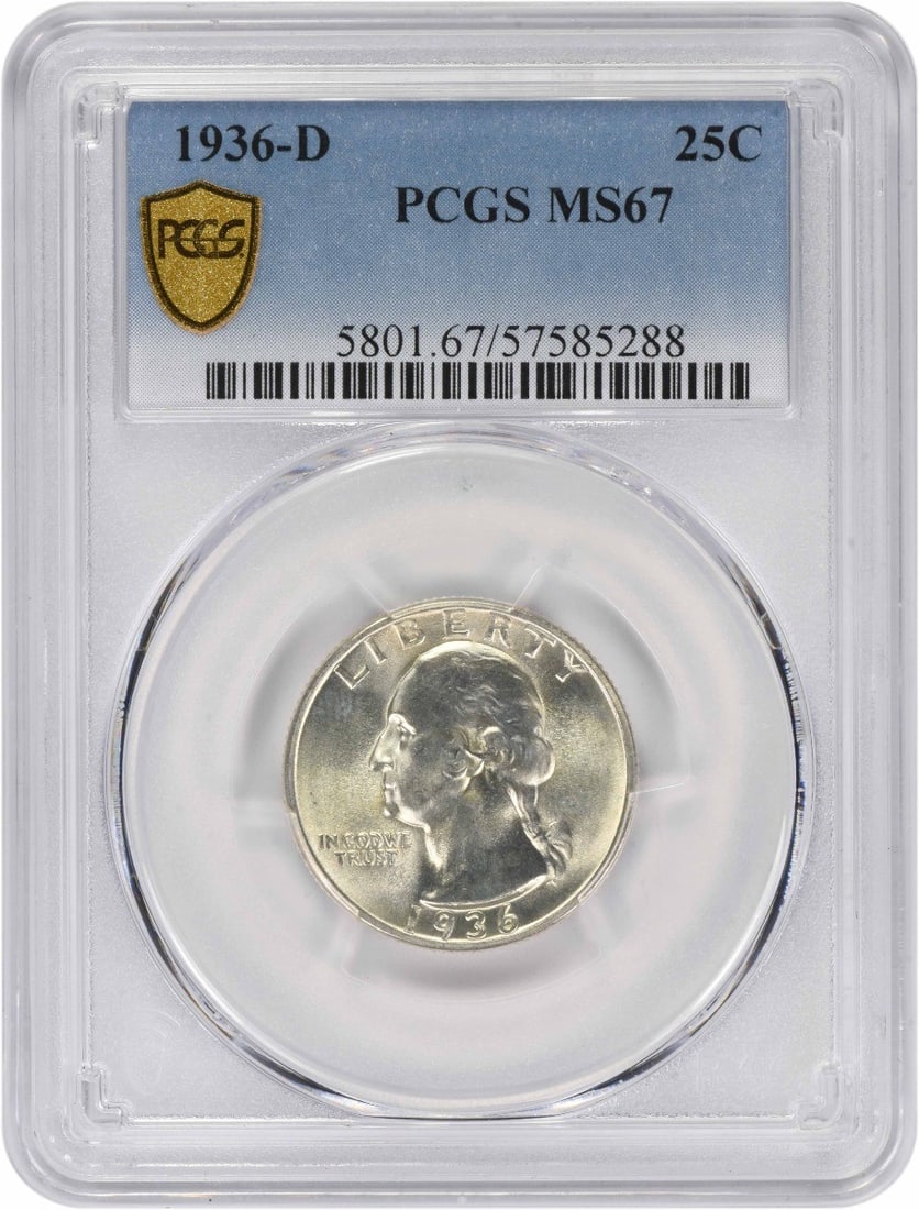 PCGS MS67 1936 Denver Washington Quarter 90 Percent Silver: PCGS MS67 1936 Denver Washington Quarter 90 Percent Silver This 1936-D Washington Quarter is composed of 90% silver and 10% copper, minted in Denver. Graded MS67 by PCGS, it features the design by Joh