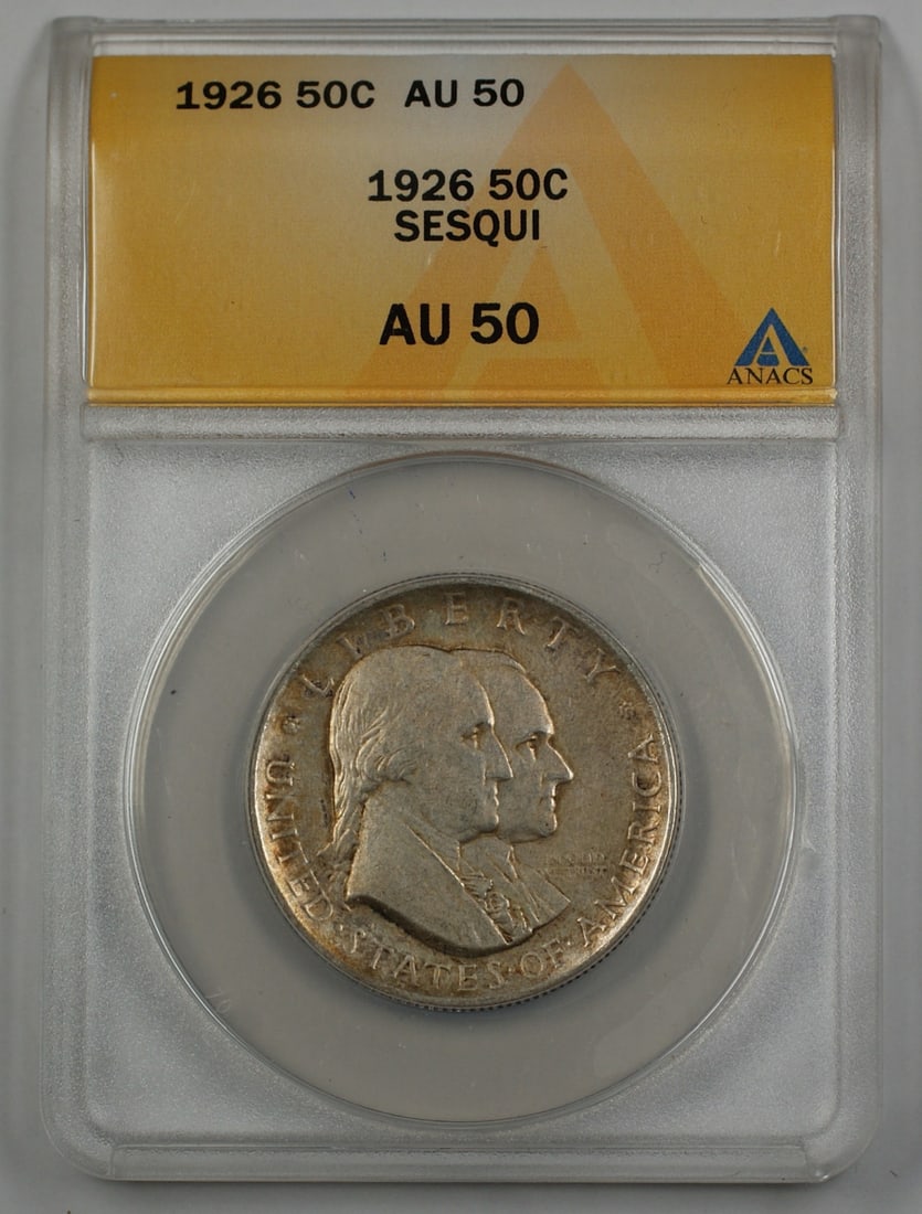 ANACS AU 50 1926 Sesqui Silver Half Dollar: ANACS AU 50 1926 Sesqui Silver Half Dollar This 1926 Sesqui Commemorative Silver Half Dollar is graded AU 50 by ANACS. The coin was minted in Philadelphia and is composed of silver. It commemorates th