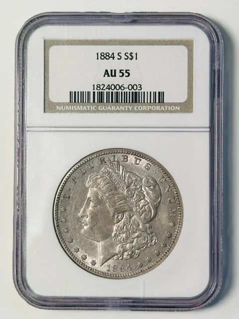 1884 San Francisco Morgan Dollar Silver NGC AU 55: 1884 San Francisco Morgan Dollar Silver NGC AU 55 1884 Morgan Silver Dollar certified by NGC and graded AU-55. This pre-owned coin was struck in silver and carries the San Francisco mint location note