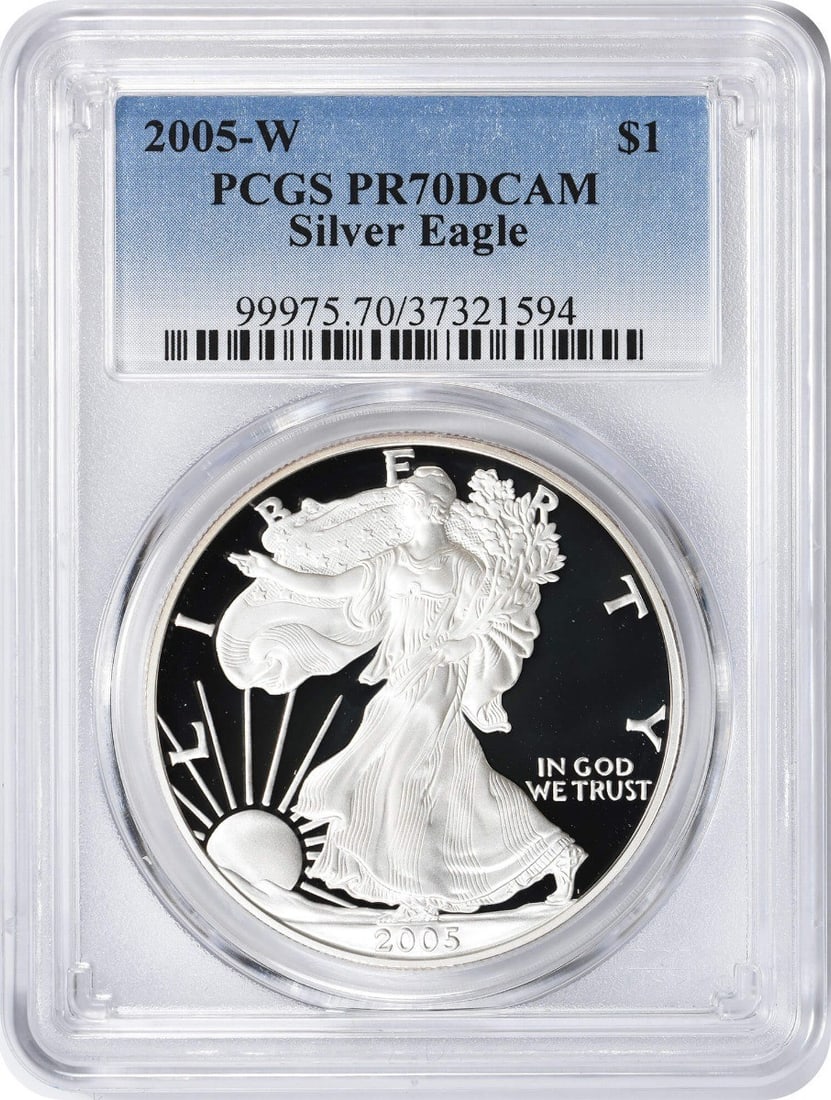 PCGS PR70 Proof 2005-W American Silver Eagle Dollar: PCGS PR70 Proof 2005-W American Silver Eagle Dollar 2005-W American Silver Eagle Dollar graded PR70DCAM by PCGS. This proof coin contains 1 oz of 0.999 silver and was struck by the U.S. Mint in the Un