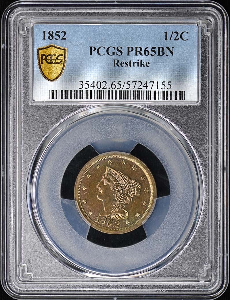 PCGS PR65BN 1852 Restrike Half Cent: PCGS PR65BN 1852 Restrike Half Cent This 1852 Braided Hair Half Cent is a restrike and has been graded PR65BN by PCGS. Struck in proof at the Philadelphia Mint, this uncirculated coin features the Bra