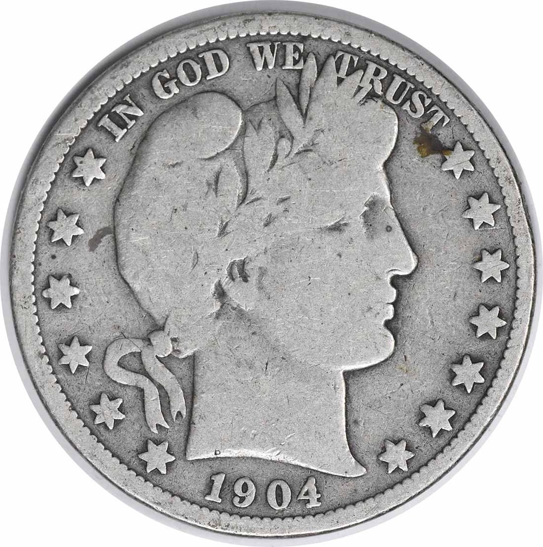1904 S Barber 50C Silver Half Dollar VG Uncertified: 1904 S Barber 50C Silver Half Dollar VG Uncertified 1904-S Barber Half Dollar in circulated VG condition. This uncertified United States 50C coin is composed of silver and is offered as a pre-owned pi