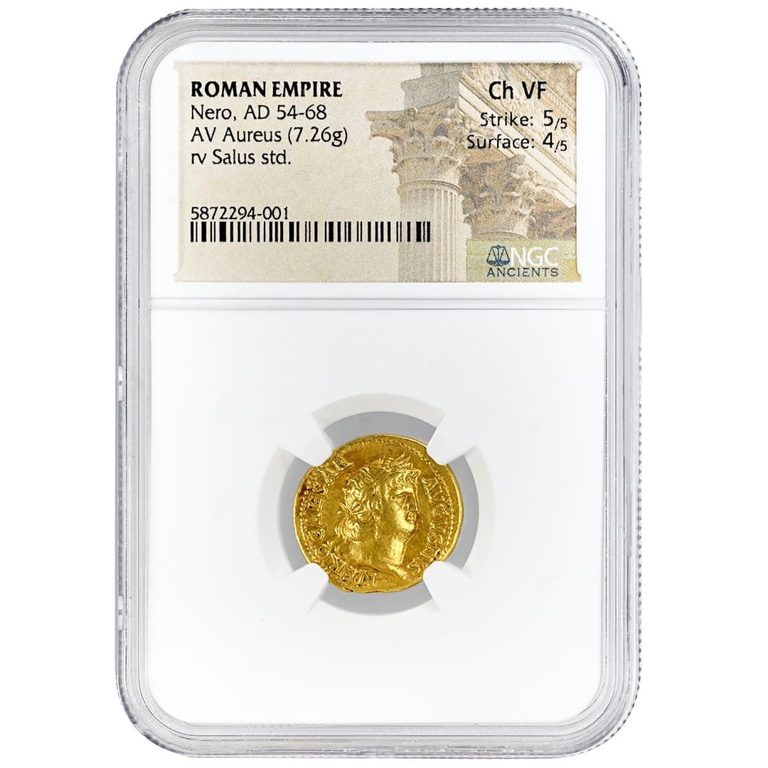 NGC Choice VF Nero Roman Aureus Gold Coin Salus Reverse: NGC Choice VF Nero Roman Aureus Gold Coin Salus Reverse Ancient Roman gold aureus of Nero, struck during AD 54-68 and featuring a Salus reverse. The obverse shows a laureate portrait of Nero facing ri