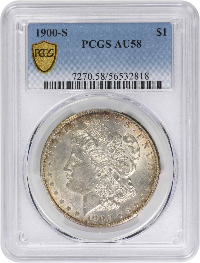 PCGS AU58 Graded 1900 San Francisco Morgan Dollar Silver Coin: PCGS AU58 Graded 1900 San Francisco Morgan Dollar Silver Coin This 1900-S Morgan Silver Dollar is graded AU58 by PCGS. Minted in San Francisco, it features a composition of 90% silver and 10% copper. 