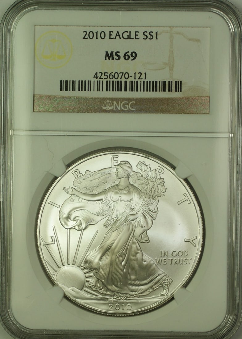 2010 NGC MS 69 American Silver Eagle Dollar Coin: 2010 NGC MS 69 American Silver Eagle Dollar Coin This 2010 American Silver Eagle $1 coin is certified by NGC with a grade of MS 69 and features gem brilliant uncirculated condition. The coin is struck
