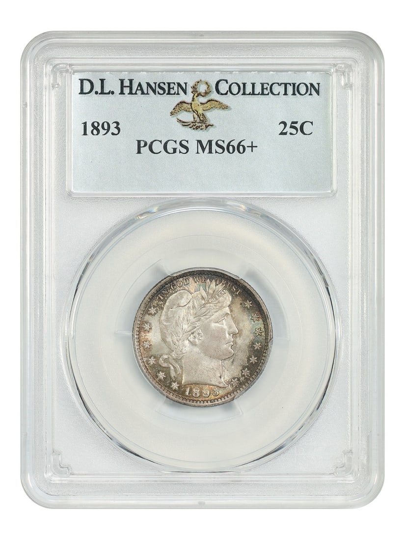 1893 Barber Quarter 25C PCGS MS66+ ex D.L. Hansen: 1893 Barber Quarter 25C PCGS MS66+ ex D.L. Hansen 1893 Barber Quarter graded PCGS MS66+ and noted as ex: D.L. Hansen. This uncirculated Philadelphia issue displays frosted, satin-like surfaces and a s