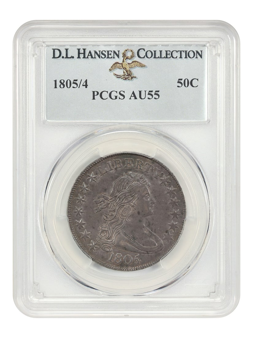 Scarce 1805 50C Draped Bust Half Dollar PCGS AU55 Overdate: Scarce 1805 50C Draped Bust Half Dollar PCGS AU55 Overdate 1805/4 Draped Bust Half Dollar, graded PCGS AU55 and offered as a circulated, pre-owned coin. This scarce overdate issue is noted as ex: D.L.