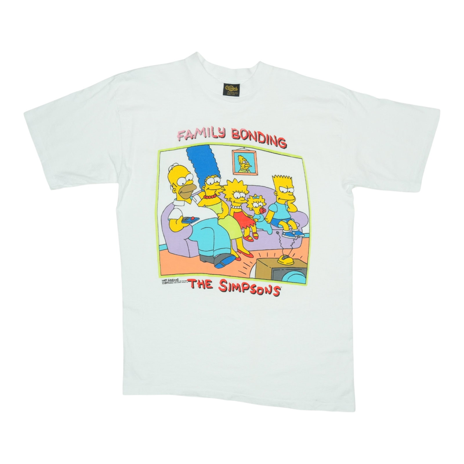 Vintage 1989 Simpsons Family Bonding Graphic White Cotton T Shirt: Vintage 1989 Simpsons Family Bonding Graphic White Cotton T Shirt This is an original vintage 1989 The Simpsons Family Bonding Shirt, featuring graphics on the front and no back graphics. Made from 10