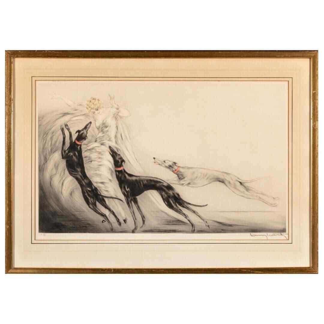 Framed signed Louis Icart Coursing II art deco animal print: Framed signed Louis Icart Coursing II art deco animal print This is a limited edition etching titled "Coursing II" by Louis Icart, created in 1929. The work features animals as its subject and is rend