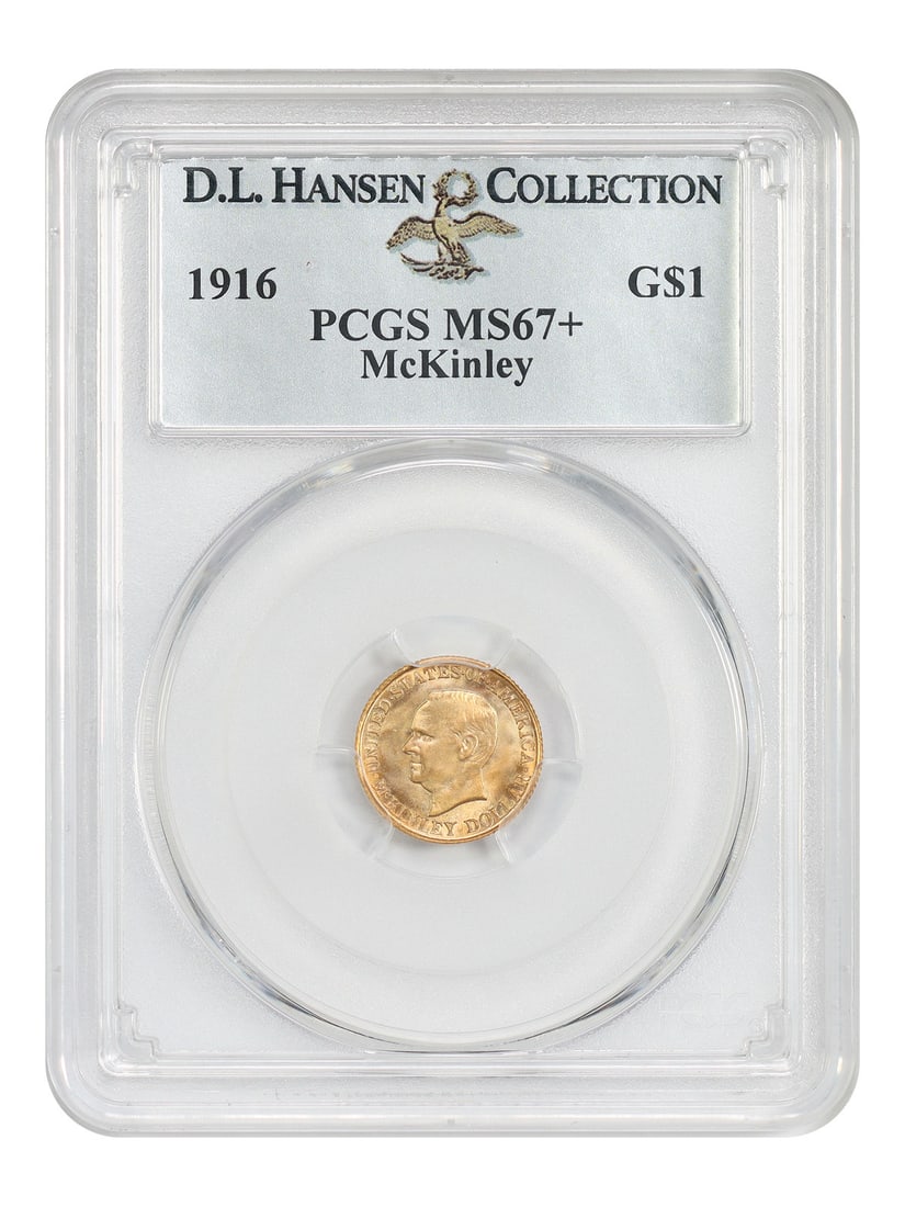 PCGS MS67+ 1916 McKinley G$1 Gold Commemorative ex D.L. Hansen: PCGS MS67+ 1916 McKinley G$1 Gold Commemorative ex D.L. Hansen 1916 McKinley Gold Dollar certified by PCGS as MS67+ and pedigreed ex: D.L. Hansen. This uncirculated Classic Gold Commemorative has a mi