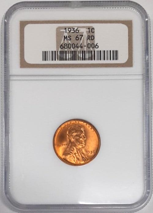1936 Lincoln Wheat Cent NGC MS-67 RD Bronze Uncirculated Philadelphia: 1936 Lincoln Wheat Cent NGC MS-67 RD Bronze Uncirculated Philadelphia This 1936 Lincoln Wheat Cent has been professionally graded by NGC as MS-67 RED, indicating a high-grade, uncirculated coin with o