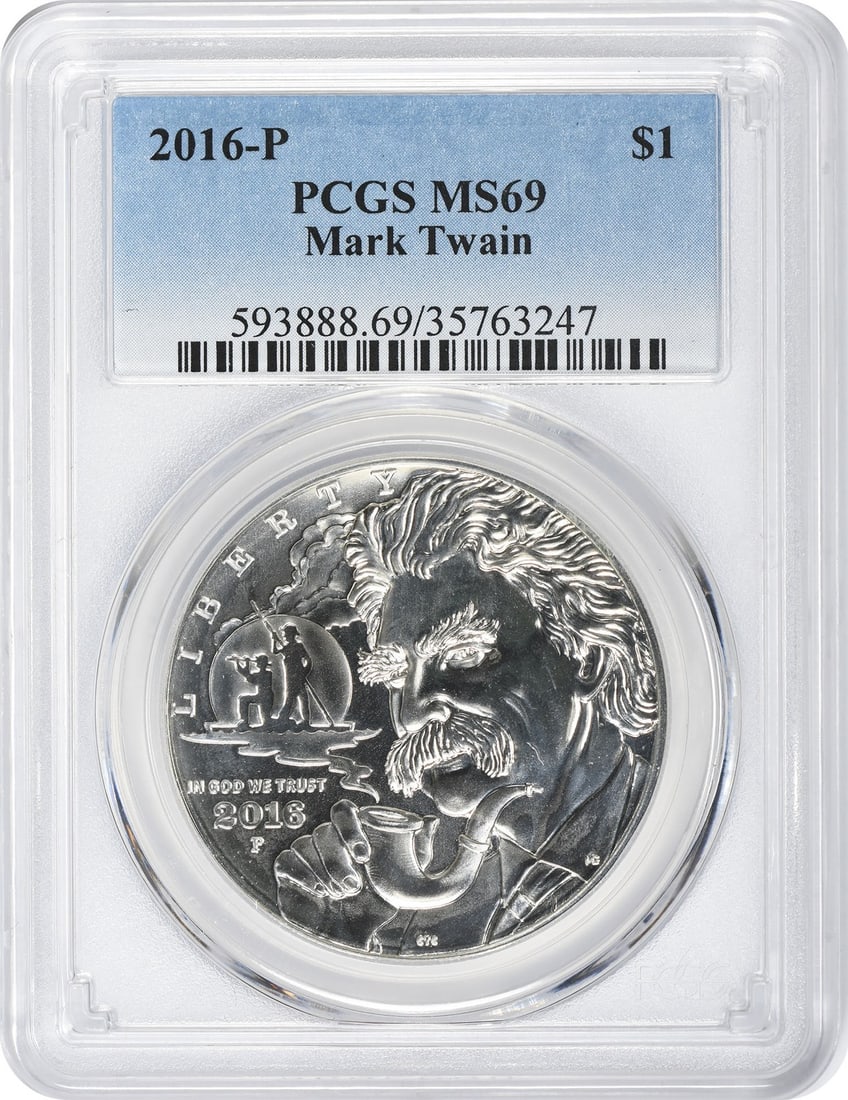 PCGS MS69 2016-P Mark Twain Silver Commemorative Dollar: PCGS MS69 2016-P Mark Twain Silver Commemorative Dollar 2016-P Mark Twain Commemorative Silver Dollar graded MS69 by PCGS. This uncirculated coin is composed of silver and has a dollar denomination. I