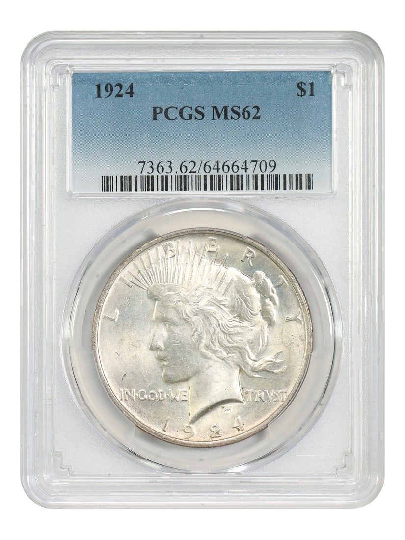 1924 Peace Dollar $1 PCGS MS62 Uncirculated Coin: 1924 Peace Dollar $1 PCGS MS62 Uncirculated Coin 1924 Peace Dollar $1, certified by PCGS and graded MS62. Struck in Philadelphia, this uncirculated coin is identified by certification number 64664709.