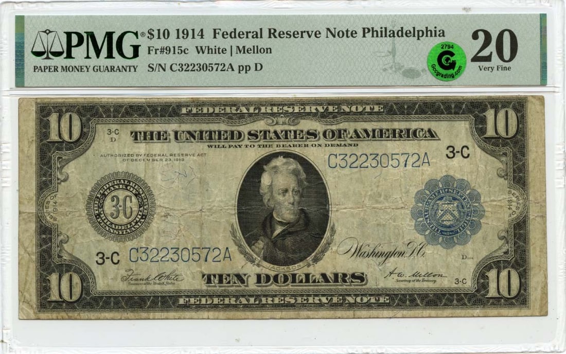 1914 $10 Federal Reserve Note Fr# 915c PMG VF20 Green: 1914 $10 Federal Reserve Note Fr# 915c PMG VF20 Green This 1914 $10 Federal Reserve Note, designated as Fr# 915c, originates from Philadelphia and has been certified by PMG with a grade of VF20. As a 