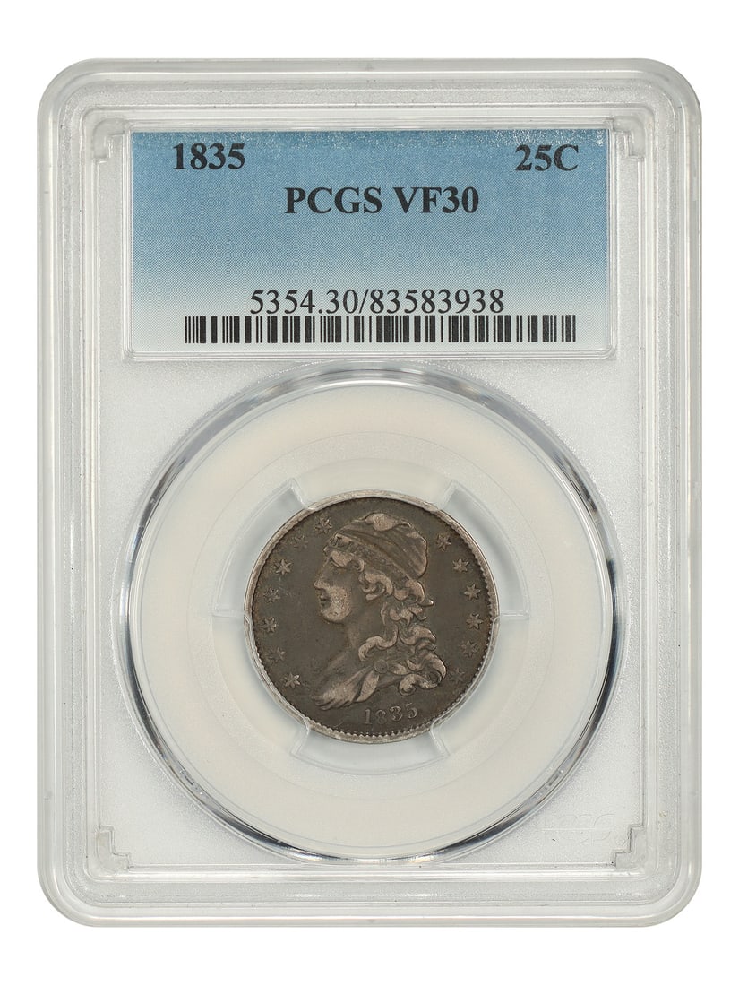 1835 Capped Bust Quarter 25C PCGS VF30: 1835 Capped Bust Quarter 25C PCGS VF30 1835 Capped Bust Quarter certified by PCGS in VF30. This circulated, pre-owned 25-cent coin was struck in Philadelphia. Specifications Denomination: 25C Year: 18